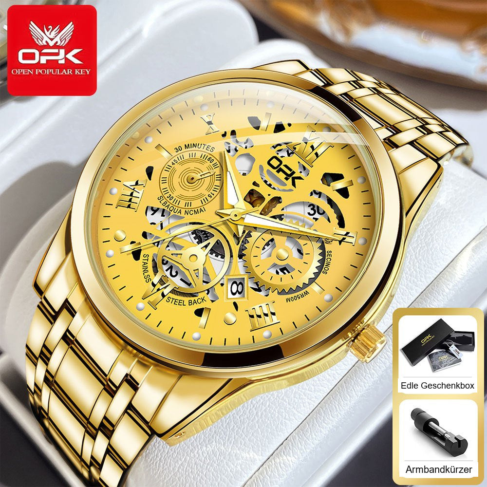 OPK 8135 Herren-Quarzuhr, Skelett-Design, Metallarmband, 3 ATM – Goldfarben – Zifferblatt Goldfarben